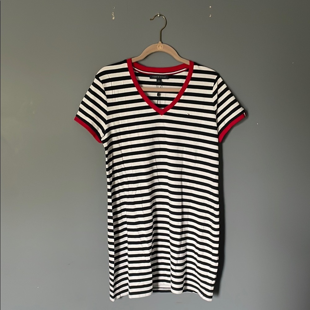 Tommy Hilfiger Black and White Striped Dress with Red Trim